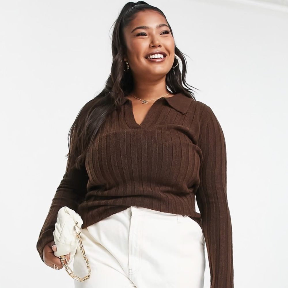 ASOS CURVE open collar rib sweater in brown